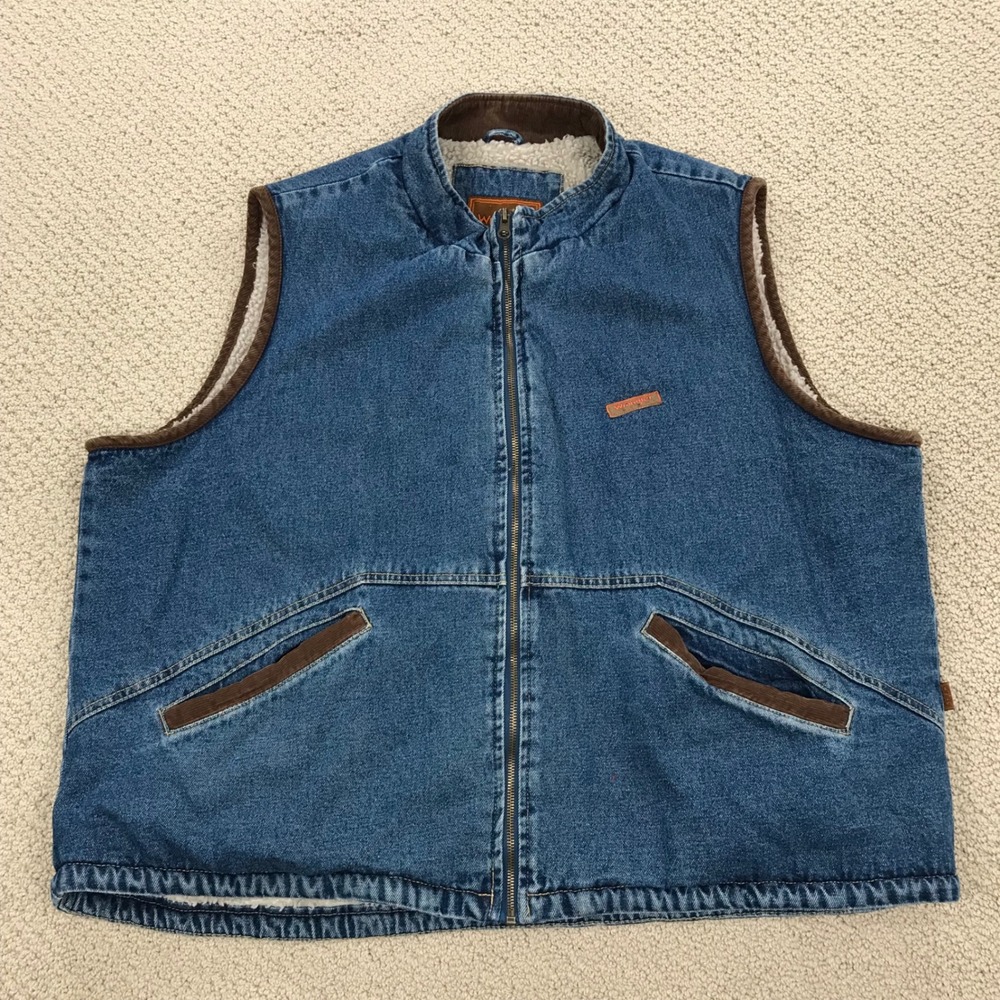 Wrangler Hero Mens 3XL Denim Sherpa Lined Vest Blue Corduroy Trim WRQ9300YB